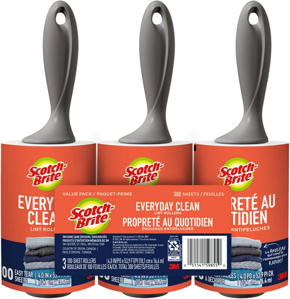 Scotch-Brite Everyday Clean Lint Roller — 300 Sheets, 3 Pack