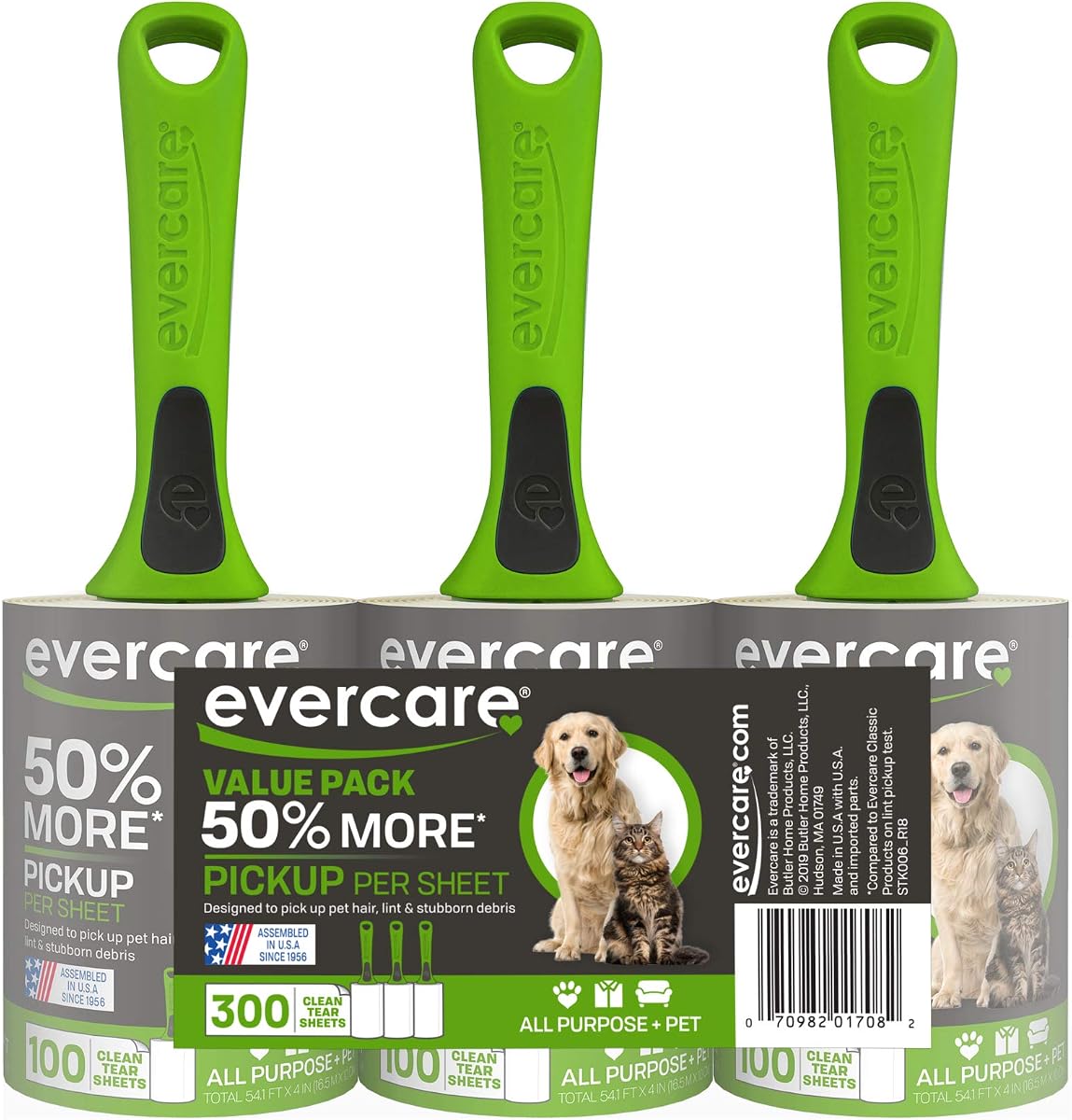 Evercare Pet Hair Lint Rollers — 300 Sheets, 3 Pack