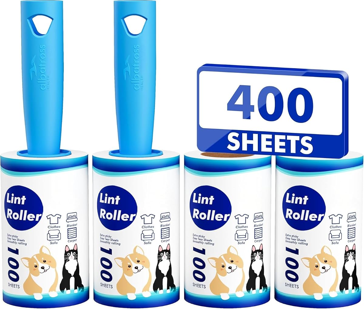 Extra Sticky Pet Hair Lint Rollers — 400 Sheets, 2 Handles